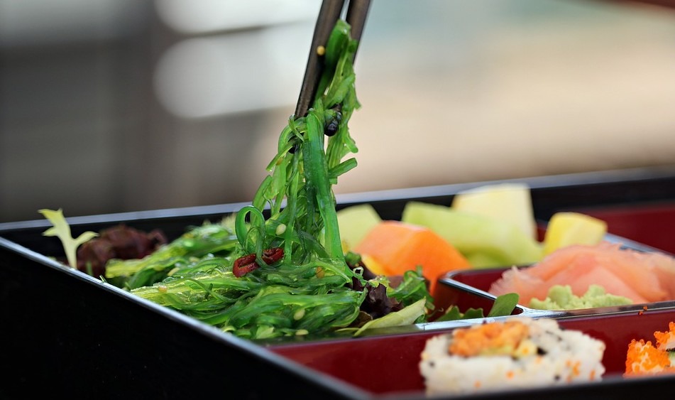 Closeup of a platter with Japanese food