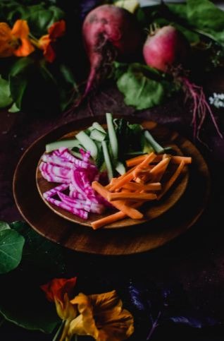 Vegetables sliced in julienne cut.