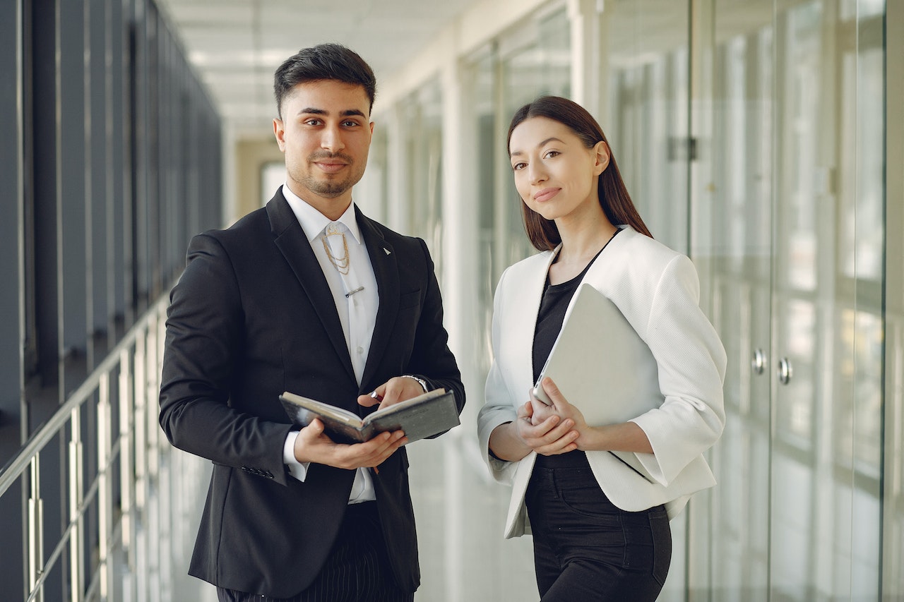 Smiling co-workers in a modern office