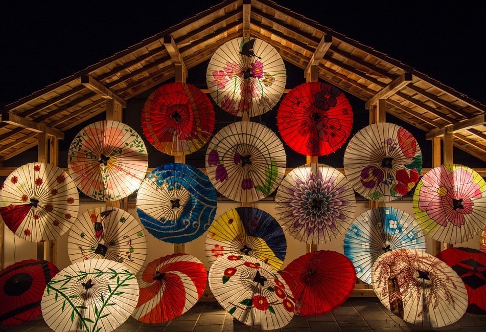 Japanese umbrellas used for decorating on a wall