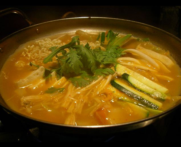 Budae jjigae, a spicy stew that originated during the Korean War.