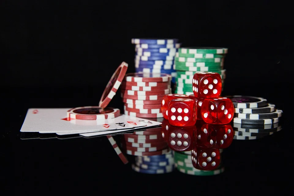 casino chips, cards, and dice
